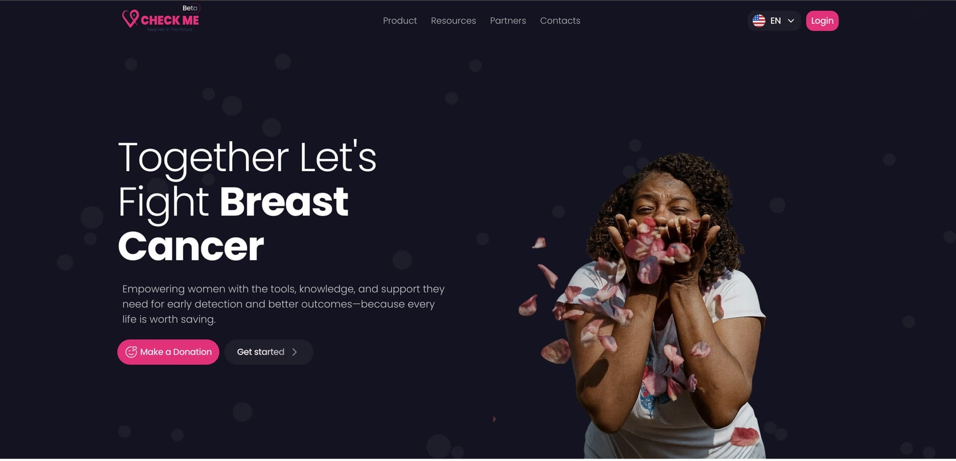 Check Me website homepage — “Together Let's Fight Breast Cancer”, with donation and get-started calls to action