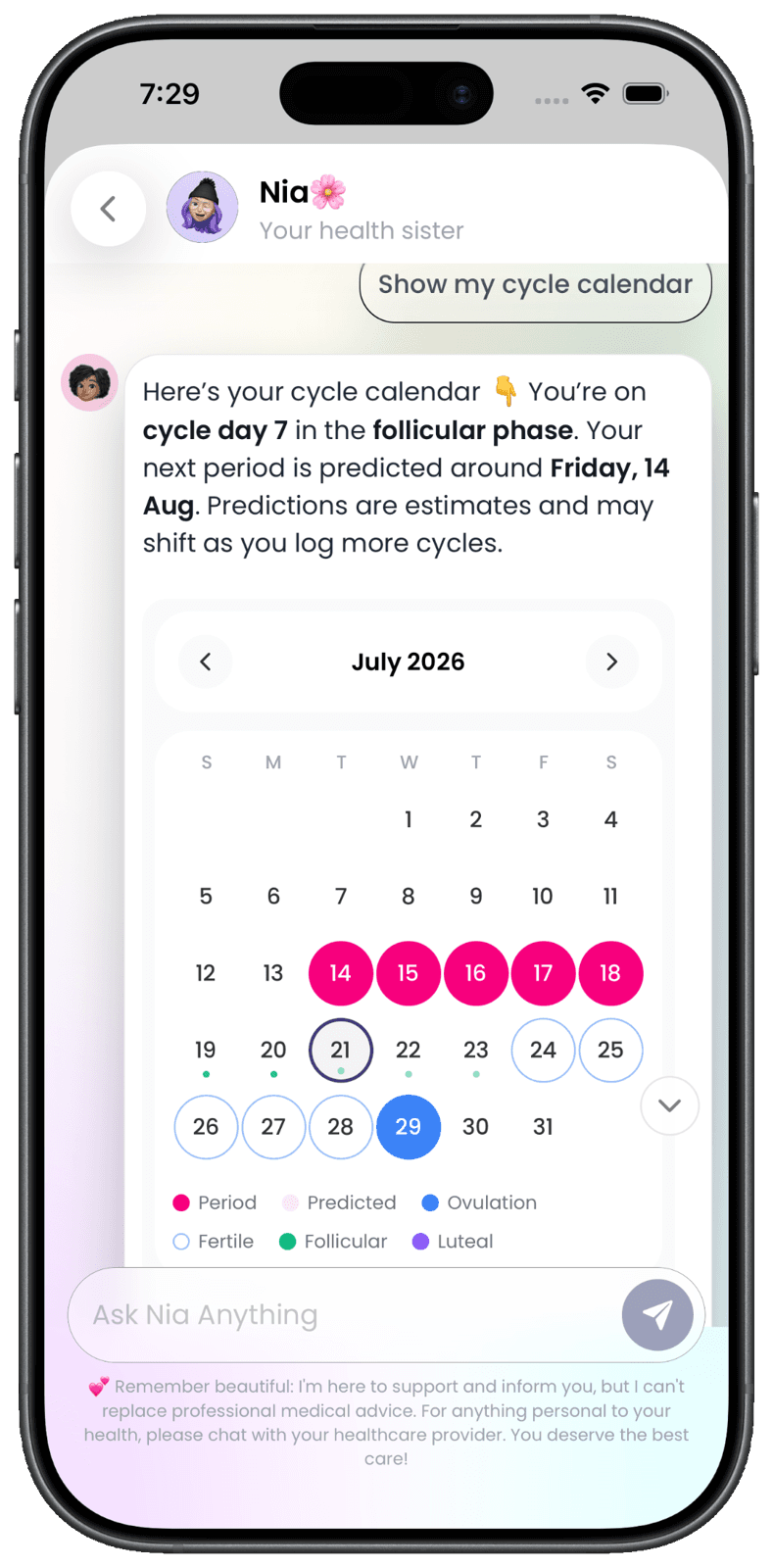 Nia mobile app — a chat with Nia, “your health sister,” showing a cycle calendar with period, ovulation, and fertile-window tracking