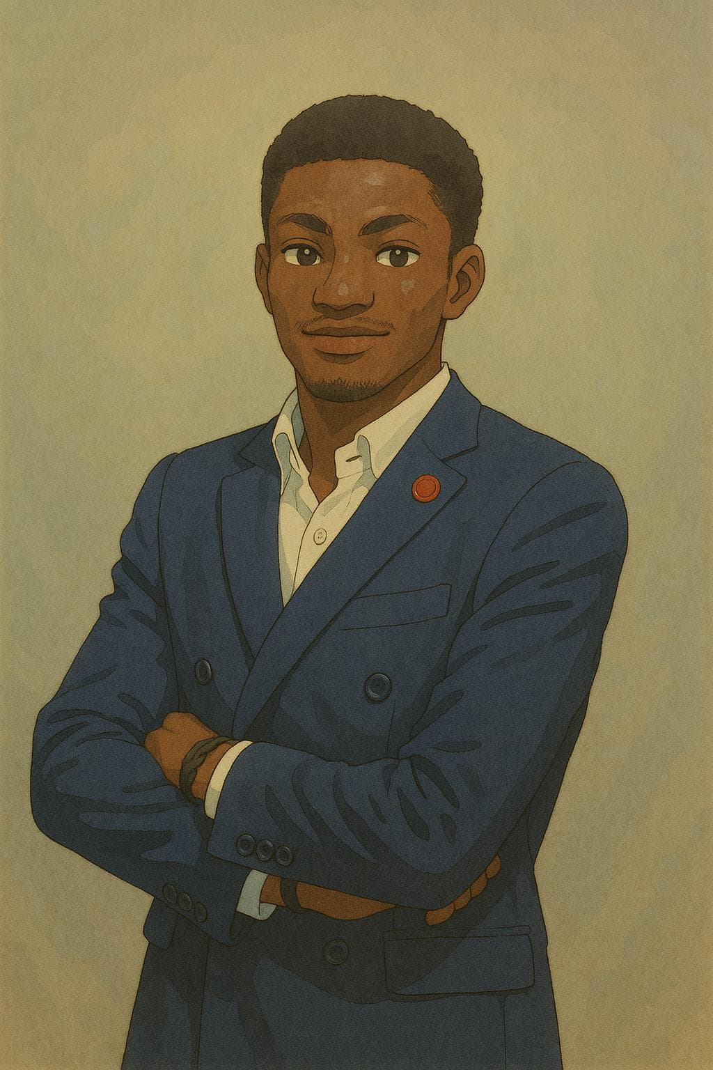 Illustrated portrait of Yuyun Francis Berinyuy in a navy suit